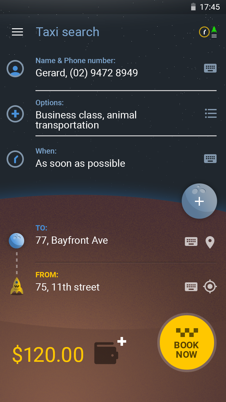 Taxi app screen