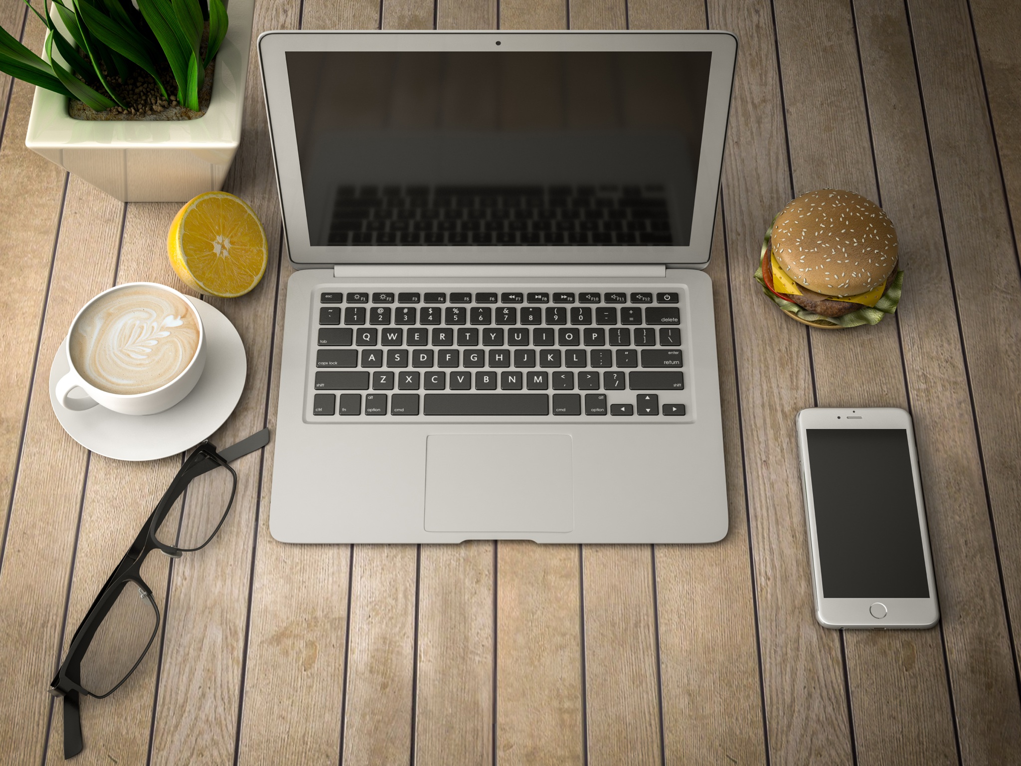 breakfast with a laptop, telephone and coffee 3d illustration