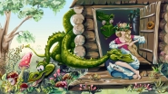 girl on the porch with a dinosaur
