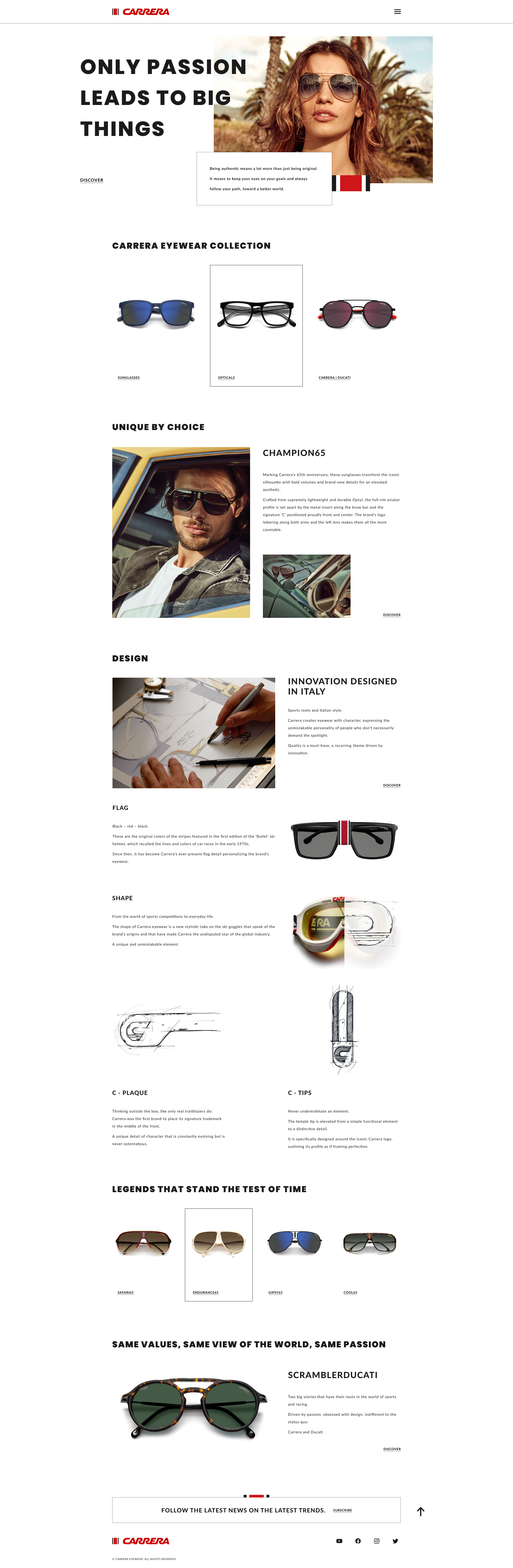 Light, minimalistic landing page for the Italian brand of sunglasses and frames Carrera.