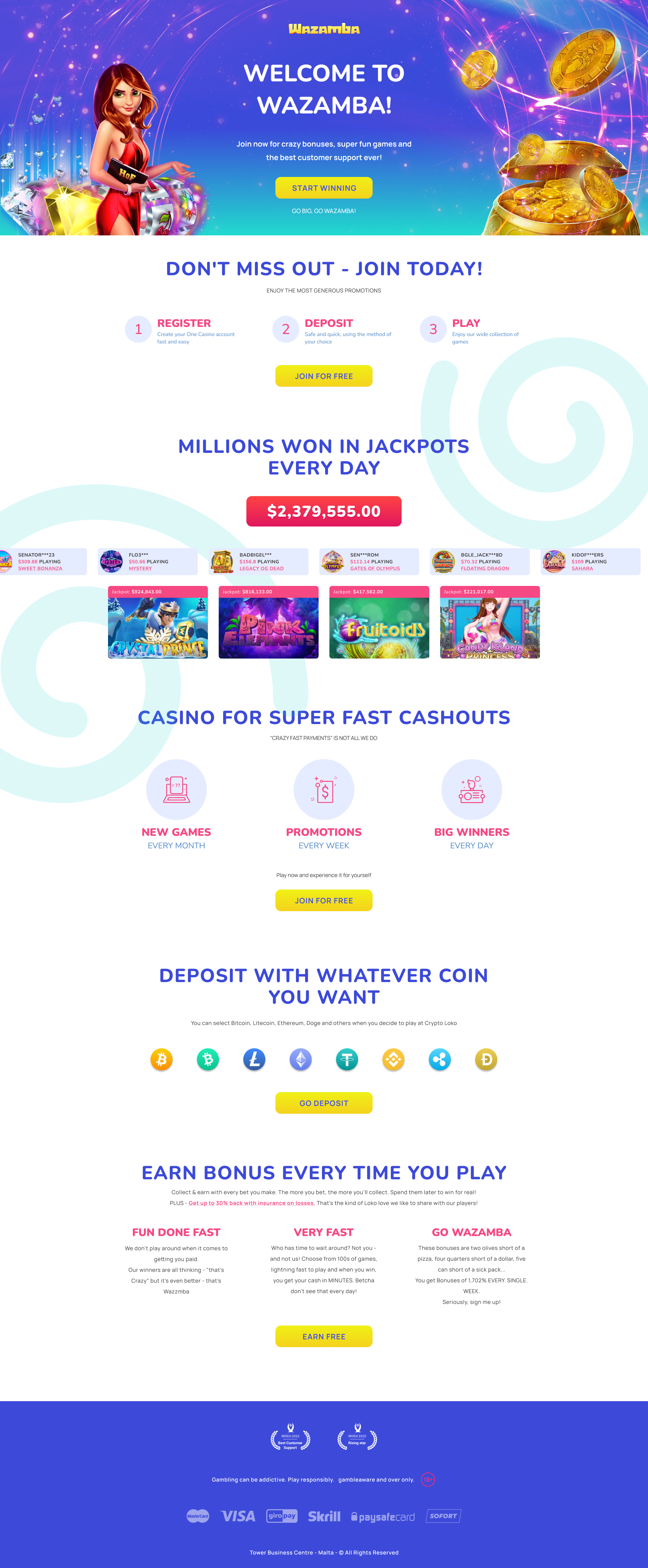 Landing page for a casino website
